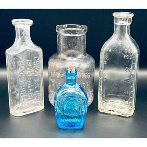 VTG Glass Bottle Lot of 4 - Apothecary Pharmacy - Mustard - Horseshoe Bitter
